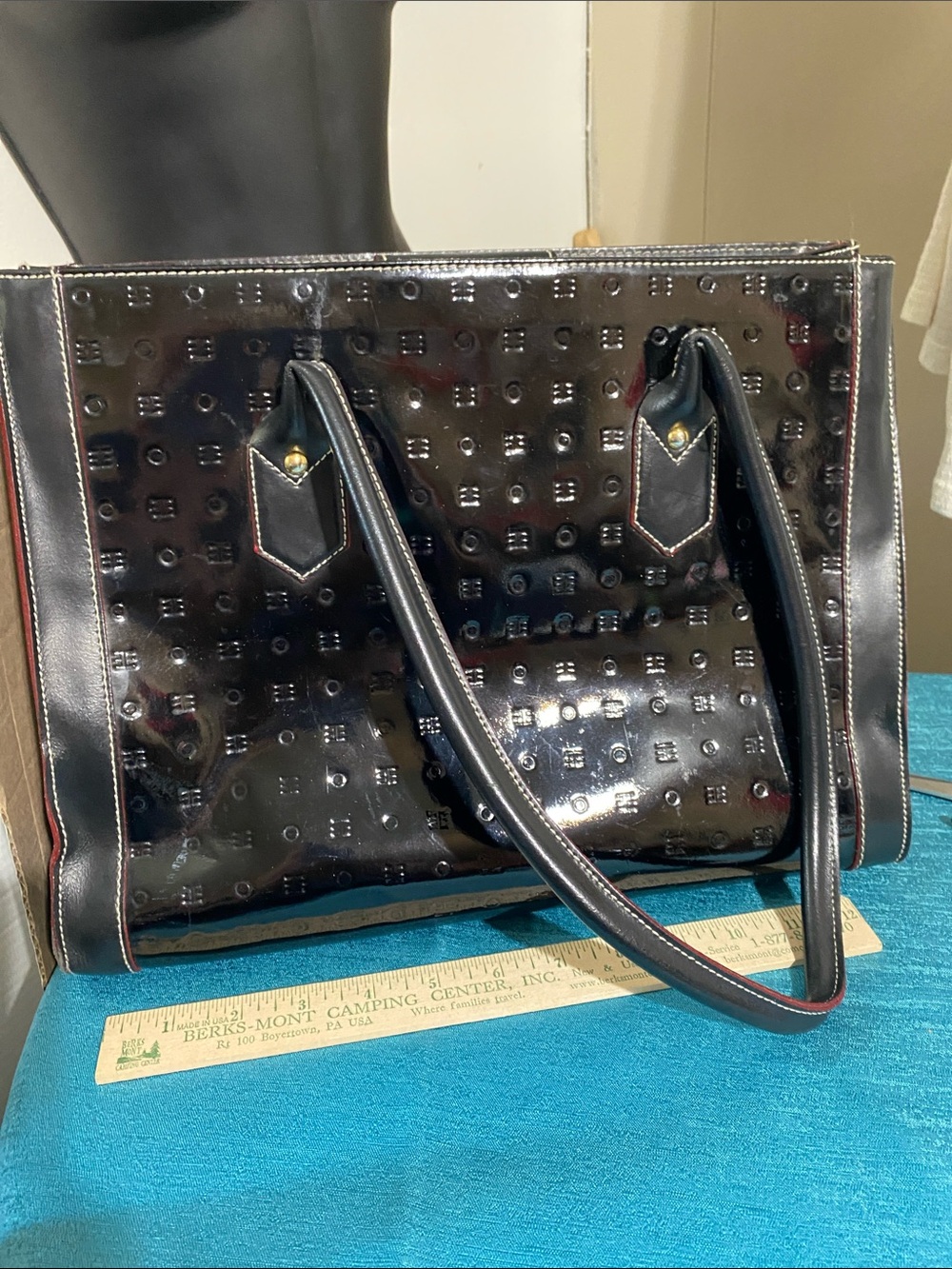 Arcadia Black Patent Tote with Red Trim